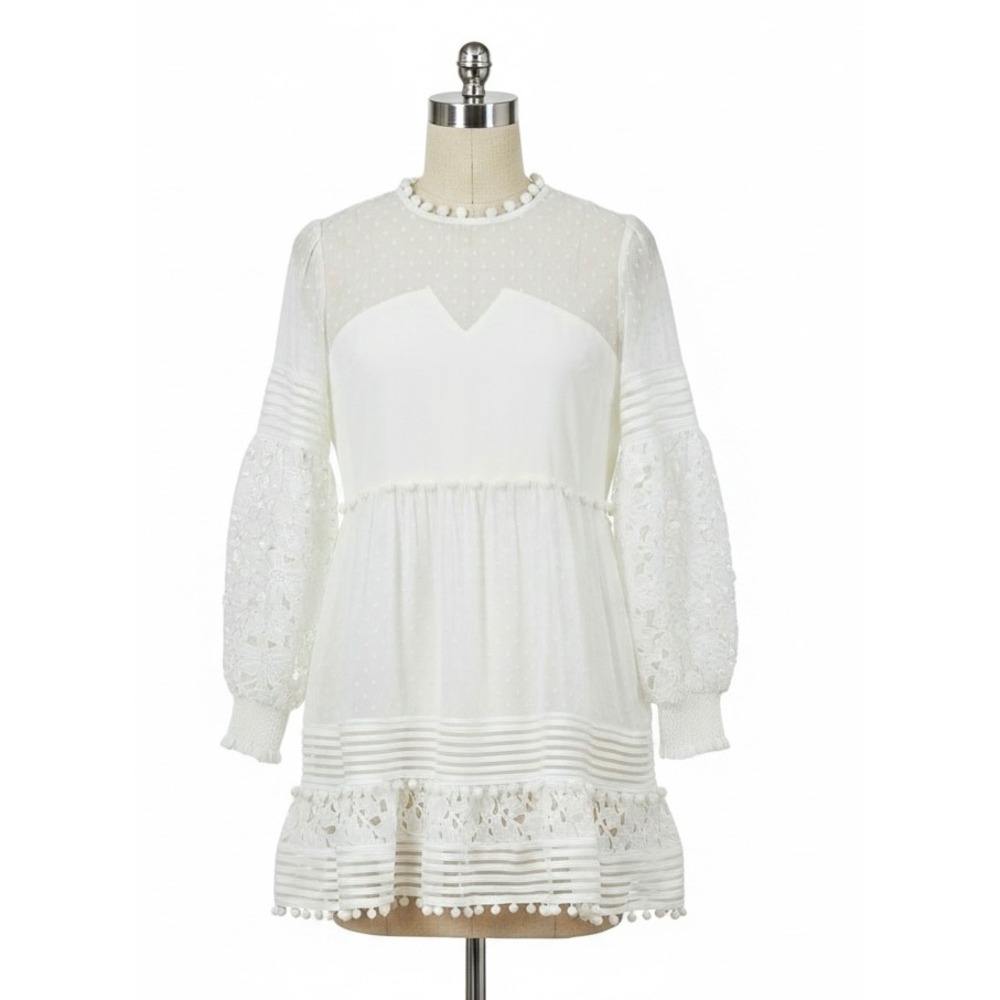 Hesperus White‎ Lace Mini Dress Boho Pom Pom Swiss Dot Long Sleeve Size L
